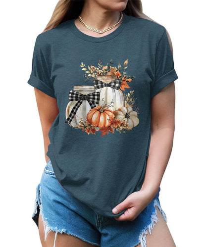 Women's Fall Pumpkin Shirt Floral Plaid Halloween Graphic Tees Plus Size Tops