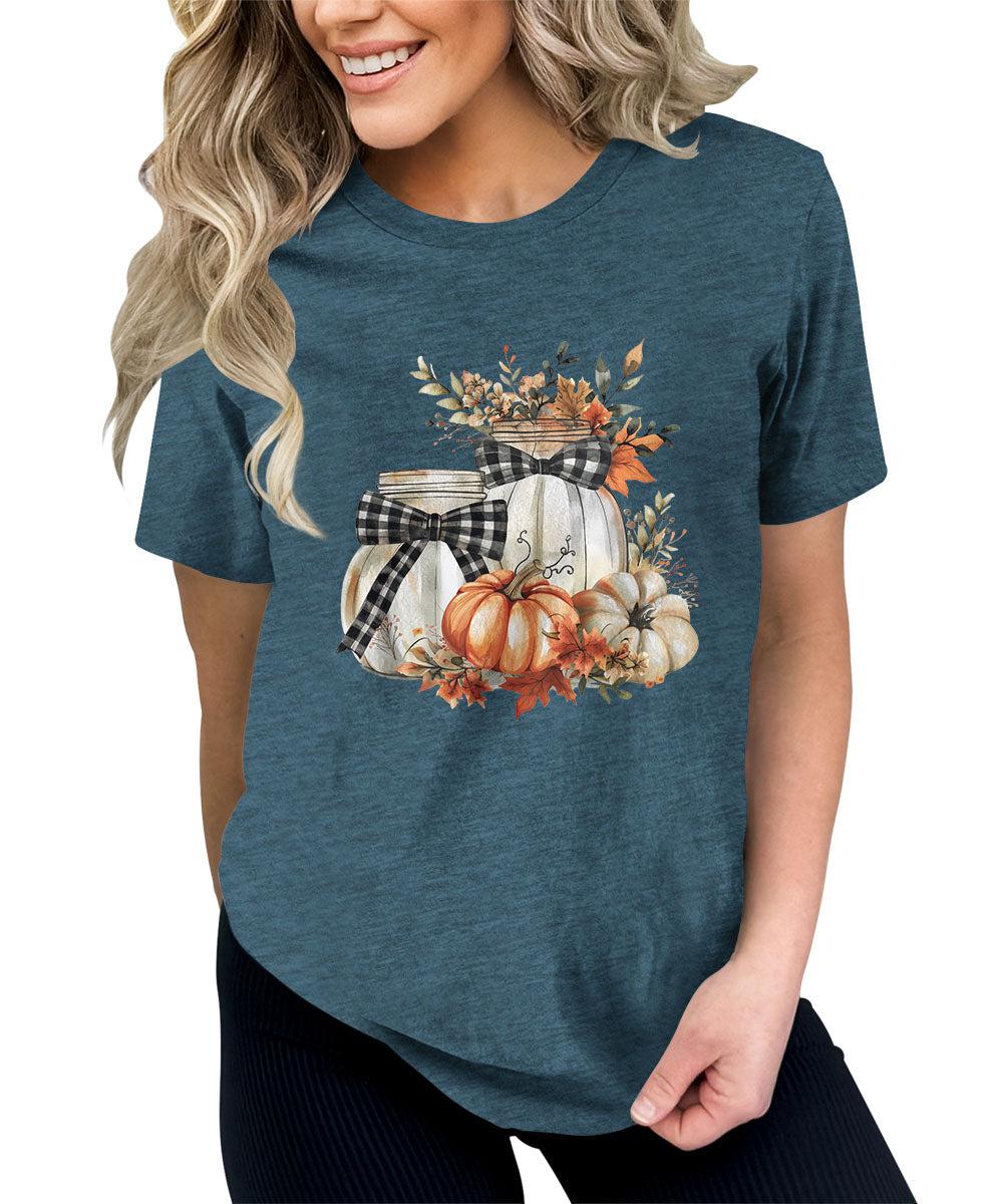 Women's Fall Pumpkin Shirt Floral Plaid Halloween Graphic Tees Plus Size Tops