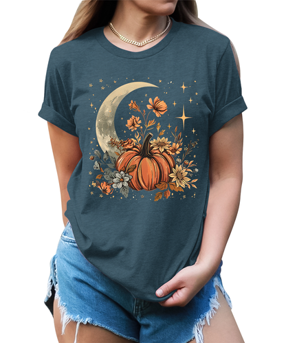 Fall Floral Pumpkin Moon Stars Graphic Tees for Women