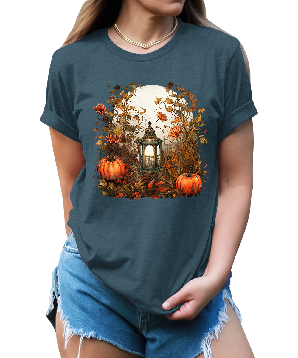 Moon Lantern Fall Floral Pumpkin Graphic Tees for Women