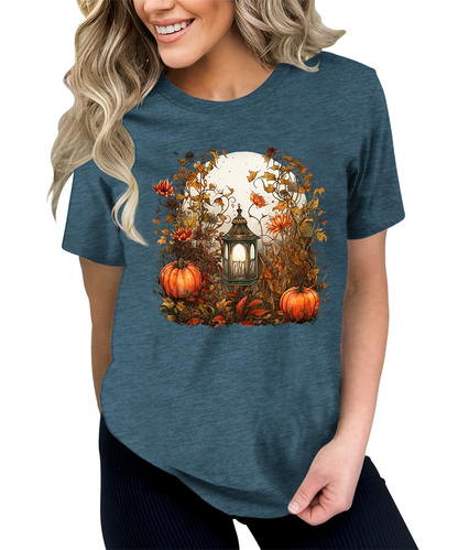 Moon Lantern Fall Floral Pumpkin Graphic Tees for Women