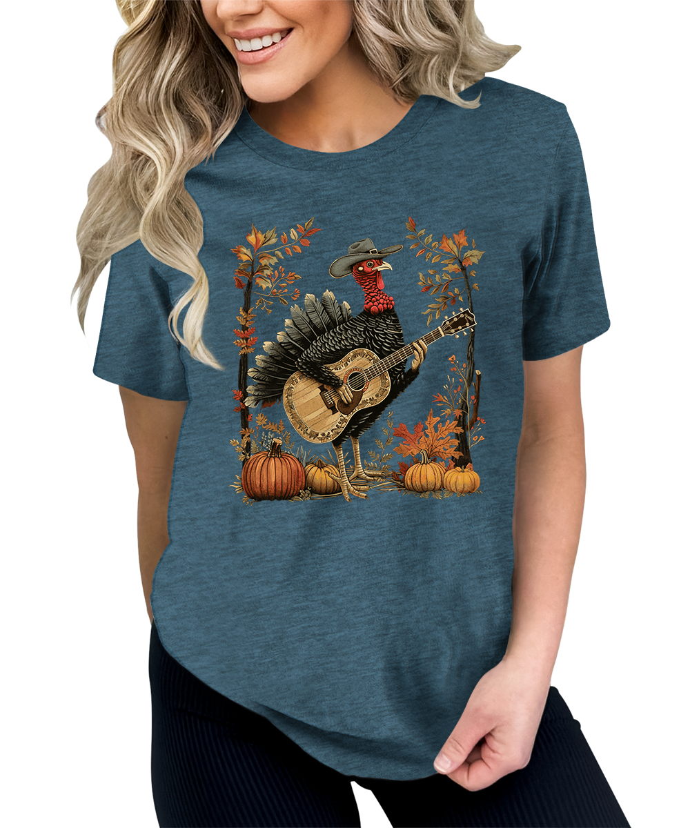 Turkey Playing Guitar Shirt Women Thanksgiving Graphic Tees