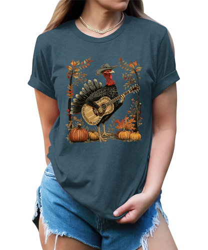 Turkey Playing Guitar Shirt Women Thanksgiving Graphic Tees