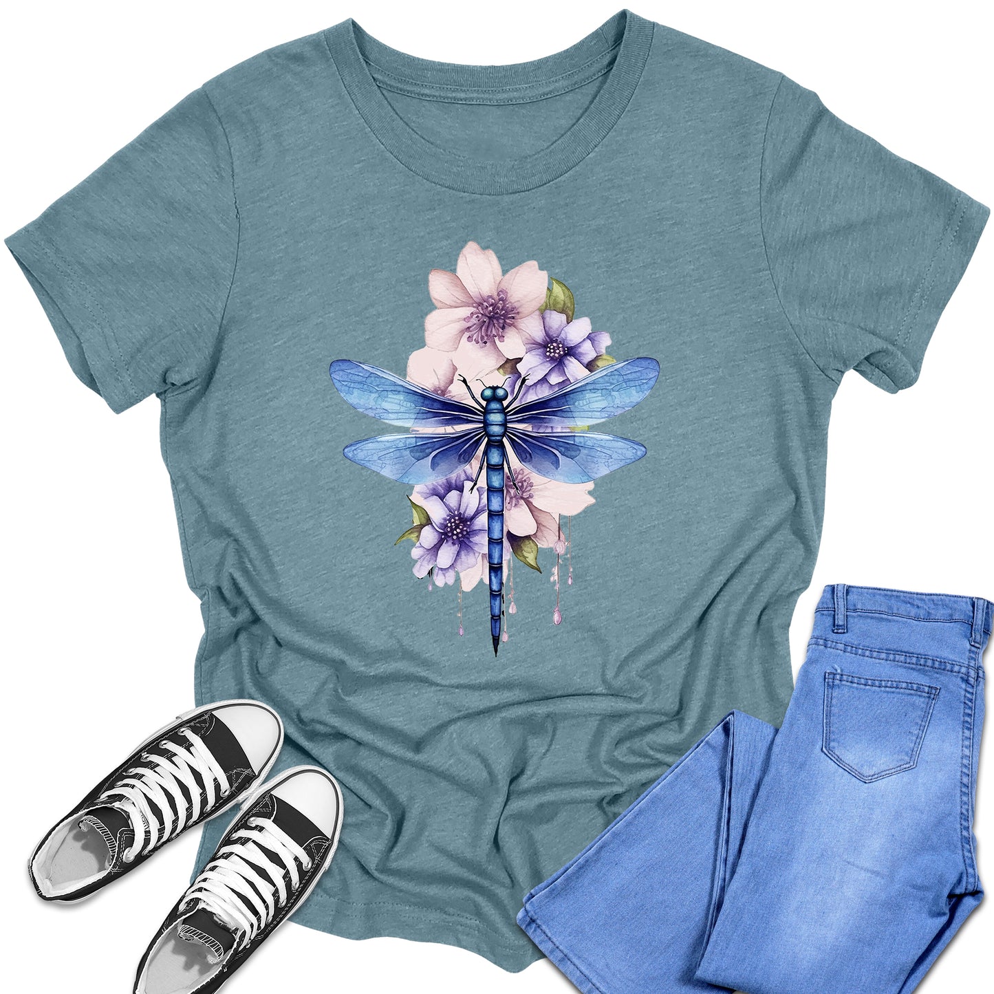 Girl's Short Sleeve Graphic Tees Cute Floral Dragonfly Shirt Back To School Fall Tops