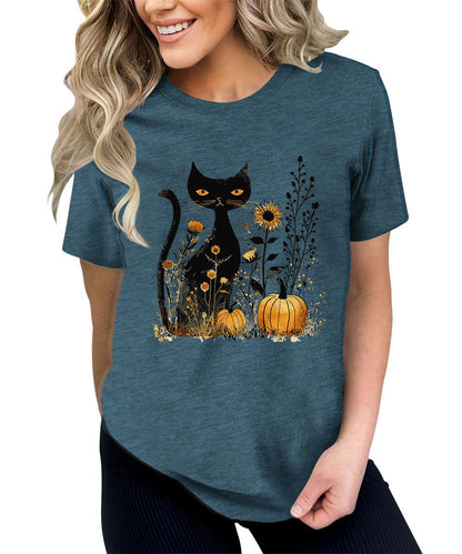 Cat Pumpkin Shirt Boho Halloween Short Sleeve Fall Plus Size Tops For Women