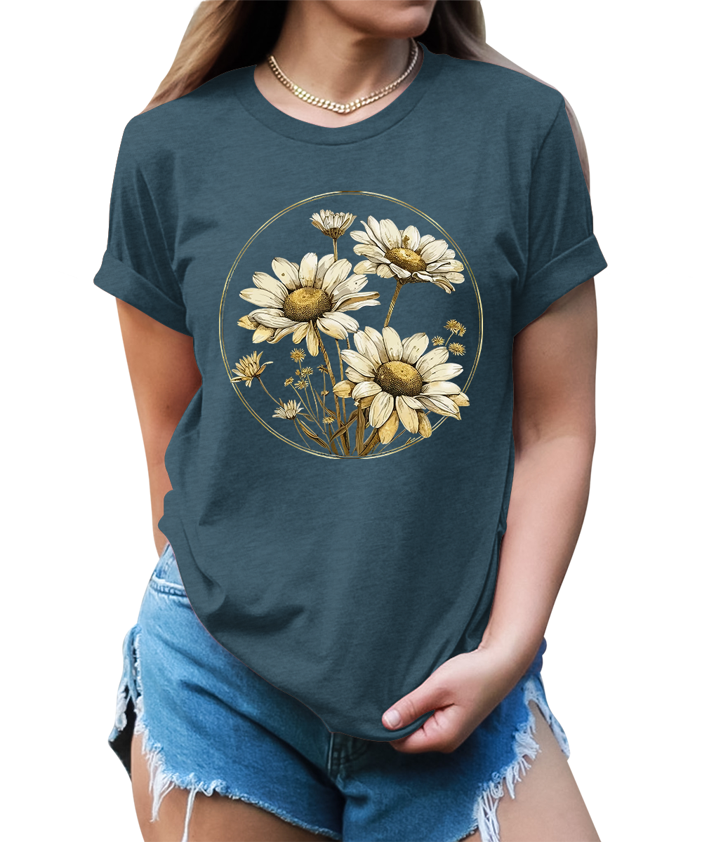 Women's Vintage Floral Daisy T Shirt Boho Wildflower Graphic Loose Tees Short Sleeve Casual Tops