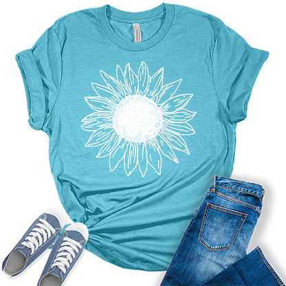 Women's Vintage Short Sleeve Cute Sunflower Graphic Printed Tee Summer T Shirt Cotton Tops Novelty Shirts