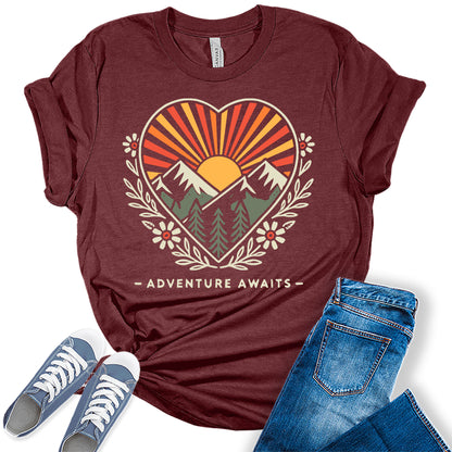 Women's Adventure Awaits Outdoor Graphic Tee Shirt Heart Printed Hike Mountain Nature Travel Workout Tops