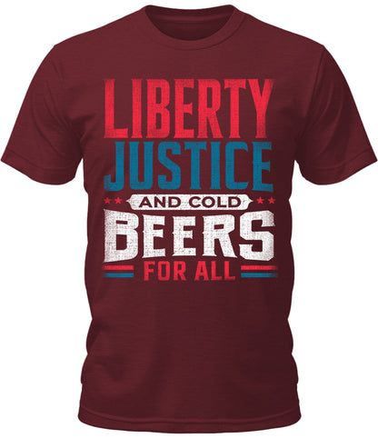 Men's 4th of July Shirt Liberty Justice and Cold Beers for All Patriotic Graphic Tees