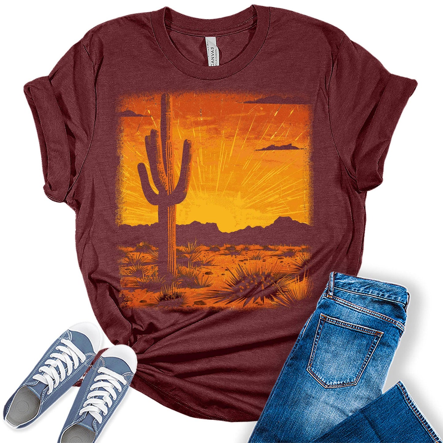 Country Retro Vintage Western Shirts for Women Cactus Desert T Shirts Plus Size Trendy Summer Graphic Tees