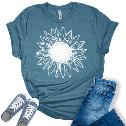 Women's Vintage Short Sleeve Cute Sunflower Graphic Printed Tee Summer T Shirt Cotton Tops Novelty Shirts