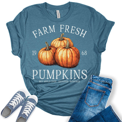 Womens Fall Tops Farm Fresh Pumpkins Shirt Vintage Thanksgiving Graphic Tees