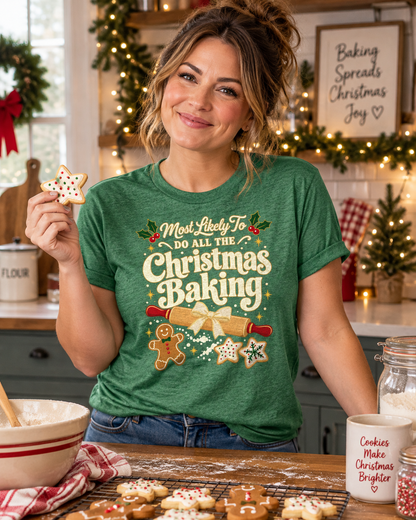 Most Likely To Do All The Christmas Baking women's Bella tee - Heather Grass Green, lifestyle front