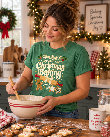 Most Likely To Do All The Christmas Baking women's Bella tee - Heather Grass Green, lifestyle side