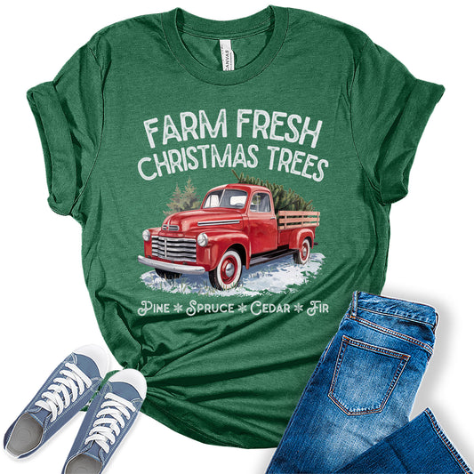 Christmas Shirts for Women Graphic Tee Farm Fresh Christmas Tree Holiday Truck Tshirt