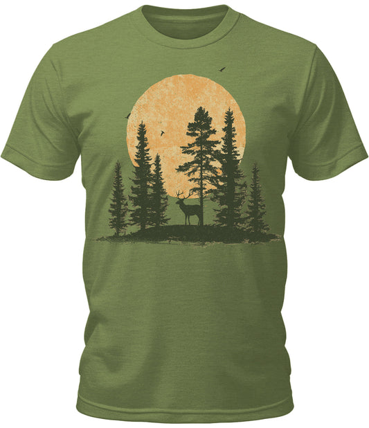 Mens Deer Forest Camping Sunset Graphic Tee Cool Premium Tshirt