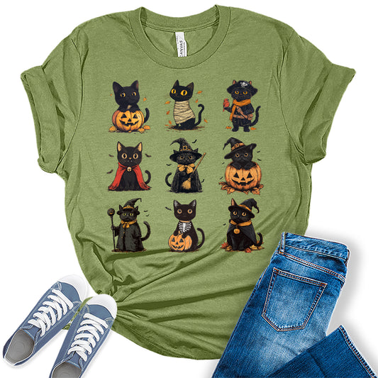 Women's Halloween Black Cat Shirt Funny Costume Graphic Tee