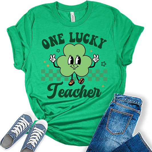 One Lucky Teacher Retro Groovy St Patrick's Day Funny Shirt For Women