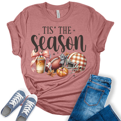 Tis' The Season Thanksgiving Football Pumpkin Graphic Tees for Women