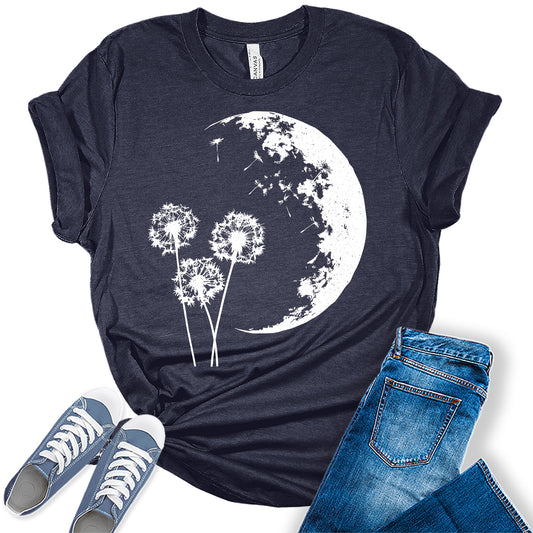 Dandelion Flower Moon Night  Graphic Tees for Women