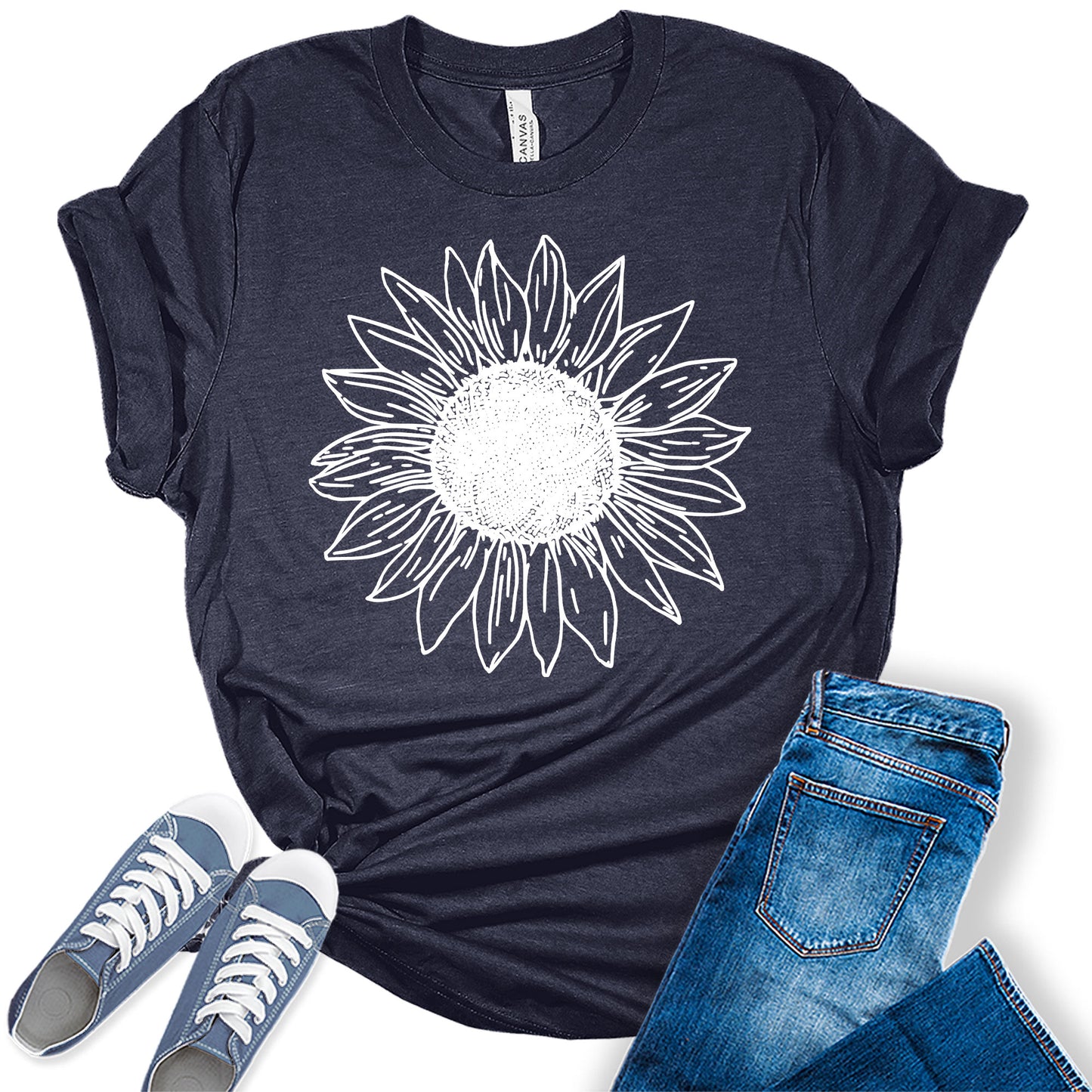 Women's Vintage Short Sleeve Cute Sunflower Graphic Printed Tee Summer T Shirt Cotton Tops Novelty Shirts