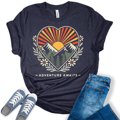 Women's Adventure Awaits Outdoor Graphic Tee Shirt Heart Printed Hike Mountain Nature Travel Workout Tops