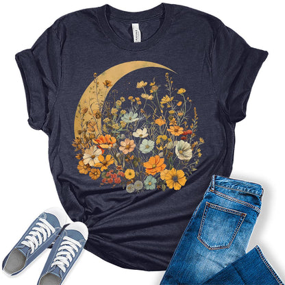 Crescent Moon Shirt Cottagecore Forest Flower Graphic Tees for Women
