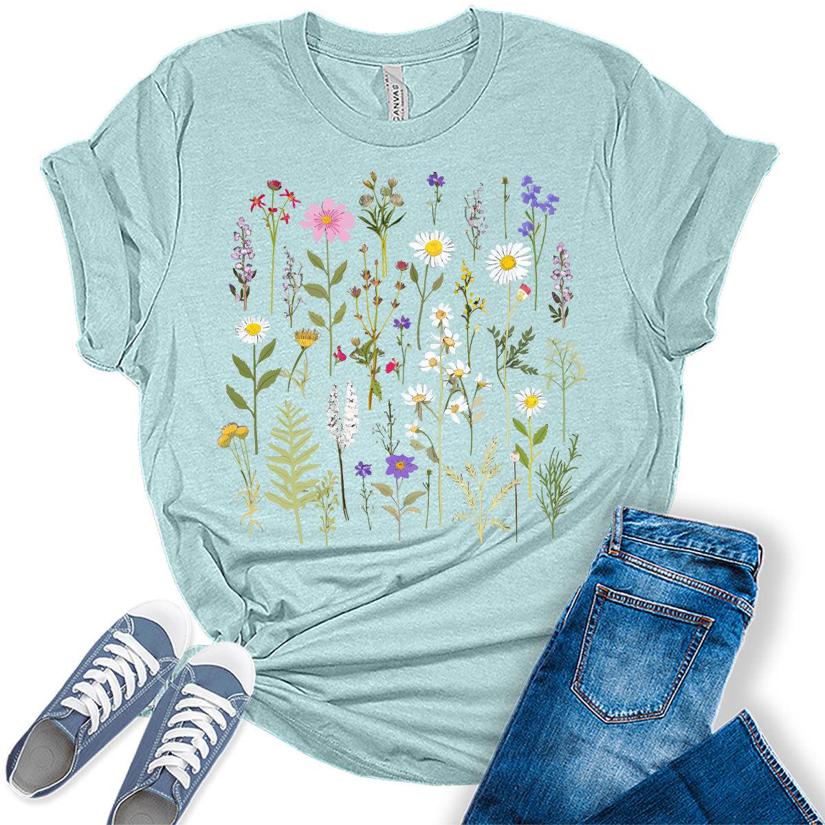 Womens Boho Shirt Vintage Wildflowers T Shirt Trendy Summer Graphic Tees