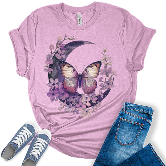 Butterfly Shirt Vintage Cottagecore Wildflowers T Shirt Trendy Moon Graphic Tees for Women