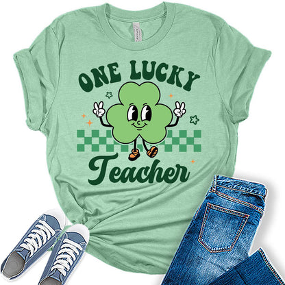 One Lucky Teacher Retro Groovy St Patrick's Day Funny Shirt For Women