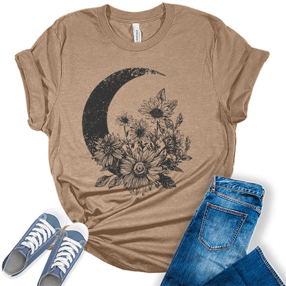 Boho Wildflower Moon Shirt for Women Vintage Graphic Tee Bella Short Sleeve Casual Top
