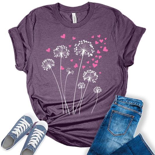 Womens Dandelion Heart T-Shirt Floral Summer Short Sleeve Graphic Tees