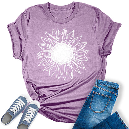 Women's Vintage Short Sleeve Cute Sunflower Graphic Printed Tee Summer T Shirt Cotton Tops Novelty Shirts