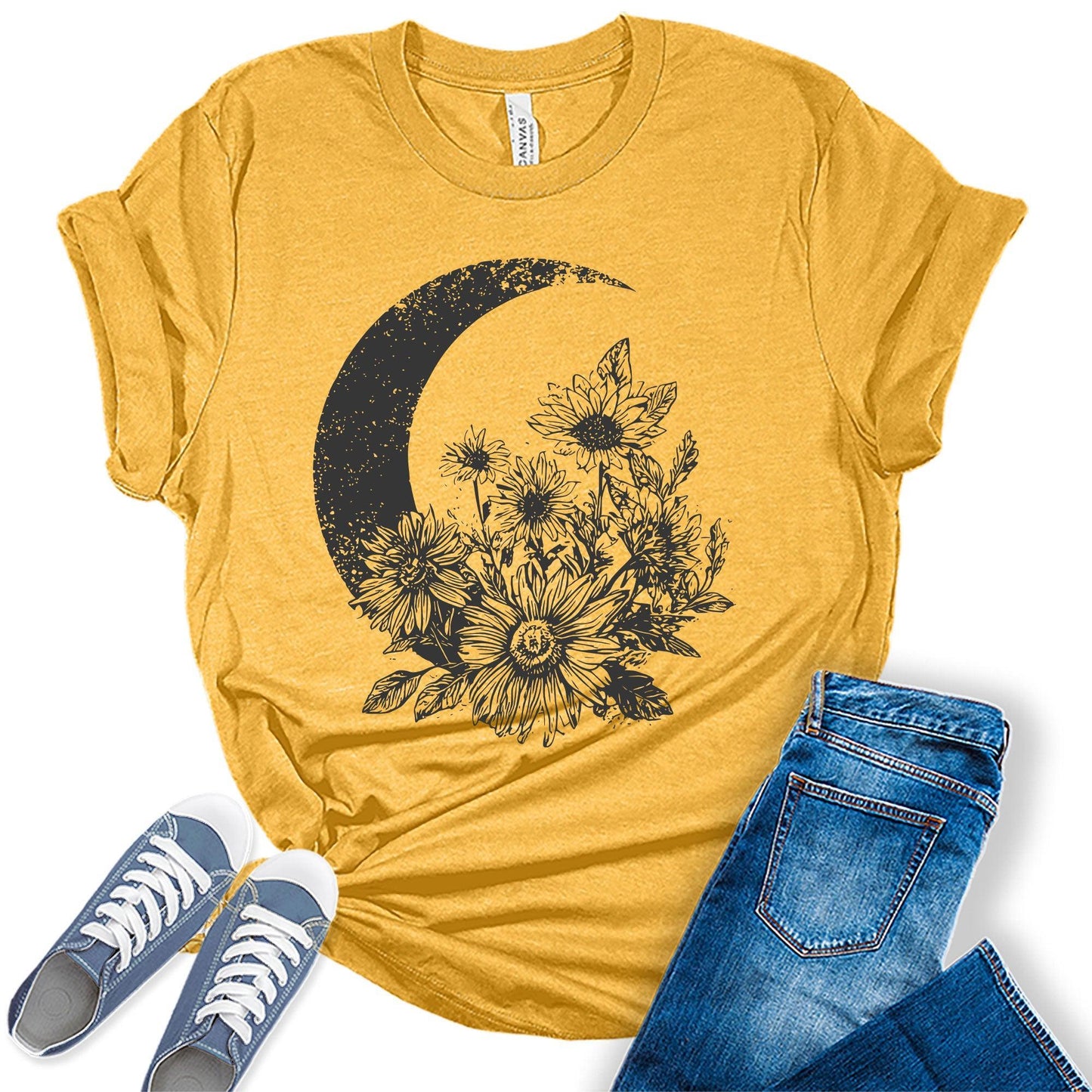 Boho Wildflower Moon Shirt for Women Vintage Graphic Tee Bella Short Sleeve Casual Top