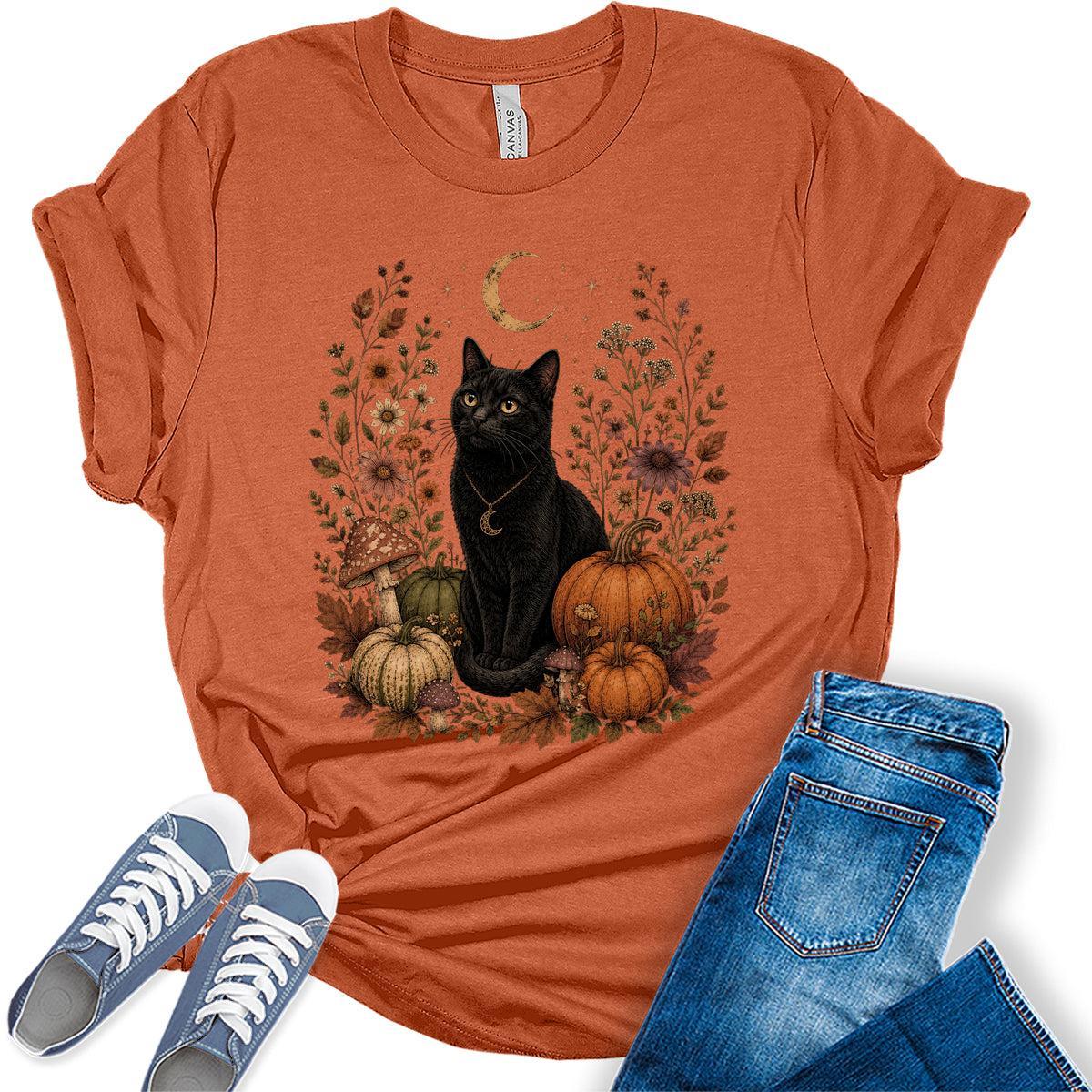 Womens Black Cat Pumpkin Halloween Shirt - Witchy Fall Graphic Tee Moon