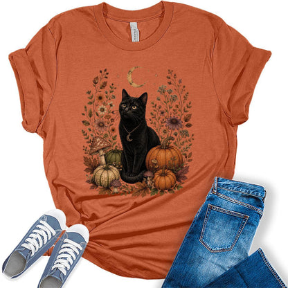 Womens Black Cat Pumpkin Halloween Shirt - Witchy Fall Graphic Tee Moon