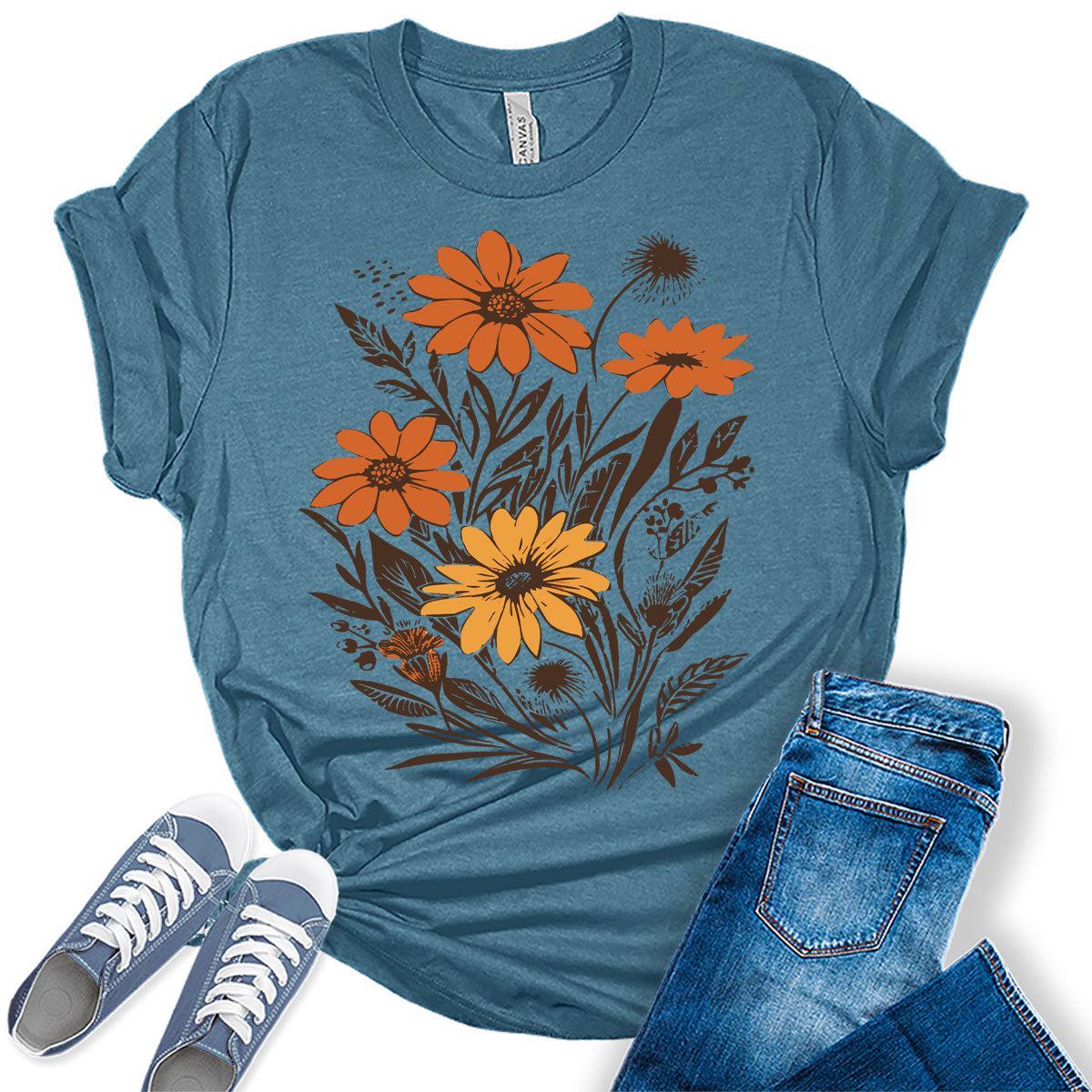 Vintage Flowers T-Shirt for Women Boho Tops Floral Graphic Tee Casual Cottagecore Fall Shirt