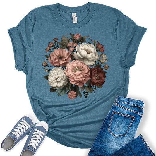 Women's Floral Shirts Wildflower Vintage Flower Graphic Tees Teen Boho T Shirts Bella Plus Size Tops