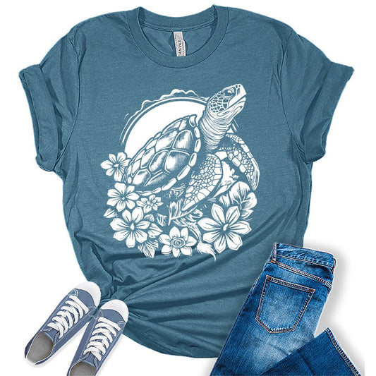Womens Beach Shirts Cute Sea Turtle Tshirts Casual Short Sleeve Tropical Summer Tops Vacation Graphic Tees for Women