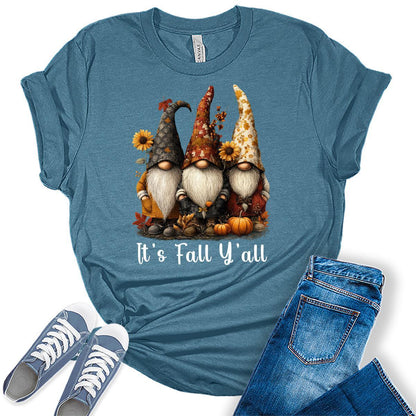 It's Fall Y'all Gnomes Shirts Women's Graphic Tees Autumn Vintage Boho T Shirts Bella Plus Size Tops