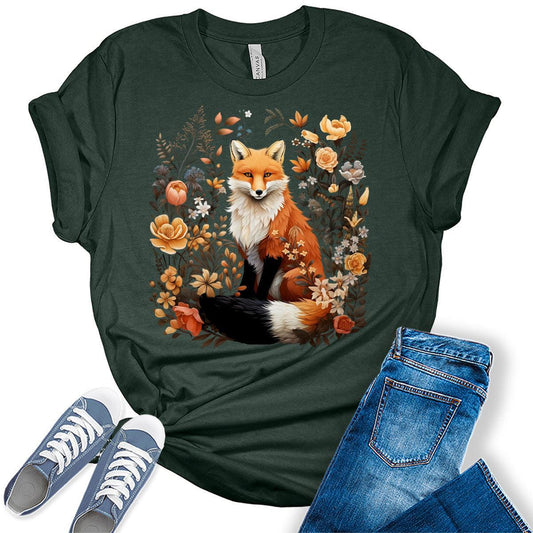 Vintage Fox Flowers T-Shirt for Women Boho Tops Floral Wildflowers Graphic Tee Casual Cottagecore Shirt