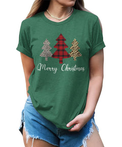 Plaid Animal Print Christmas Tree Merry Christmas Funny Womens T-shirt