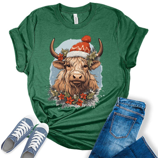 Highland Cow With Christmas Hat Funny Womens Yuletide Season T-shirt