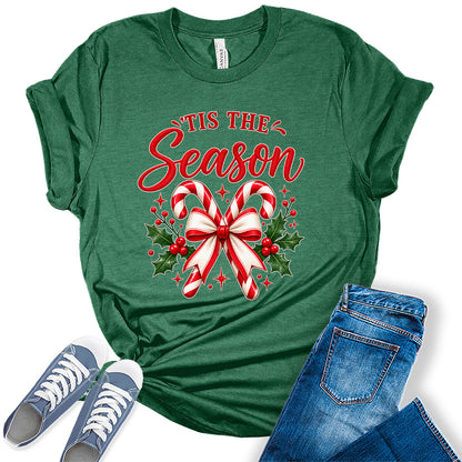 GyftWear Tis the Season Candy Cane Christmas Women's Graphic Tee Shirt