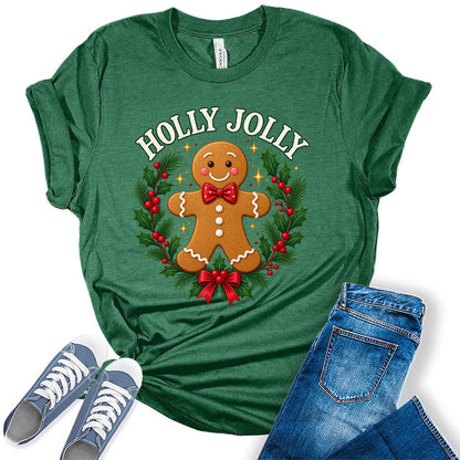 GyftWear Holly Jolly Gingerbread Man Christmas Women's Graphic Tee Shirt