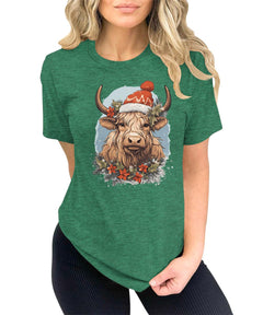 Highland Cow With Christmas Hat Funny Womens Yuletide Season T-shirt