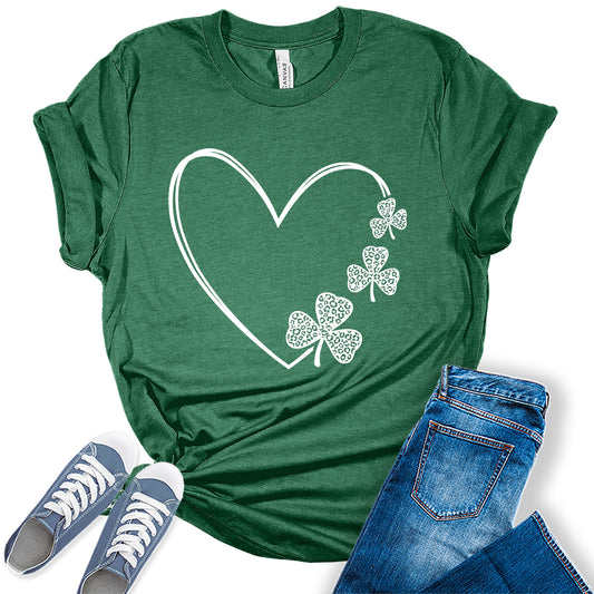 Women's St Patrick's Day Heart Leopard Print Shamrock Graphic Tee