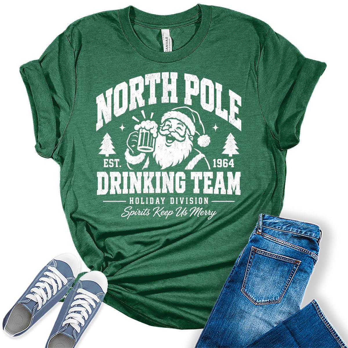 Women's Christmas T-Shirt Funny North Pole Drinking Team – Santa Holiday Beer Graphic Tee
