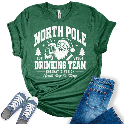 Women's Christmas T-Shirt Funny North Pole Drinking Team – Santa Holiday Beer Graphic Tee