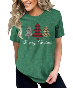 Plaid Animal Print Christmas Tree Merry Christmas Funny Womens T-shirt
